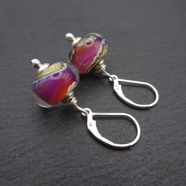 purple wrapped lampwork glass lever back earrings