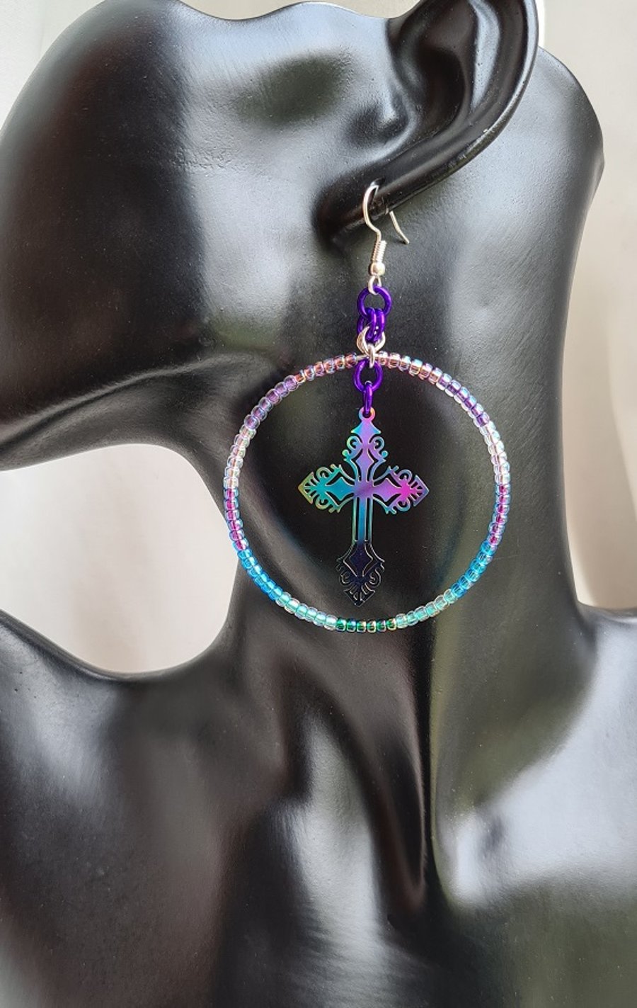 Rainbow Filigree Cross Beady Earrings.