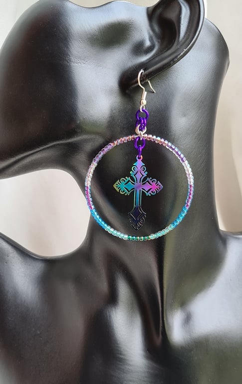 Rainbow Filigree Cross Beady Earrings.