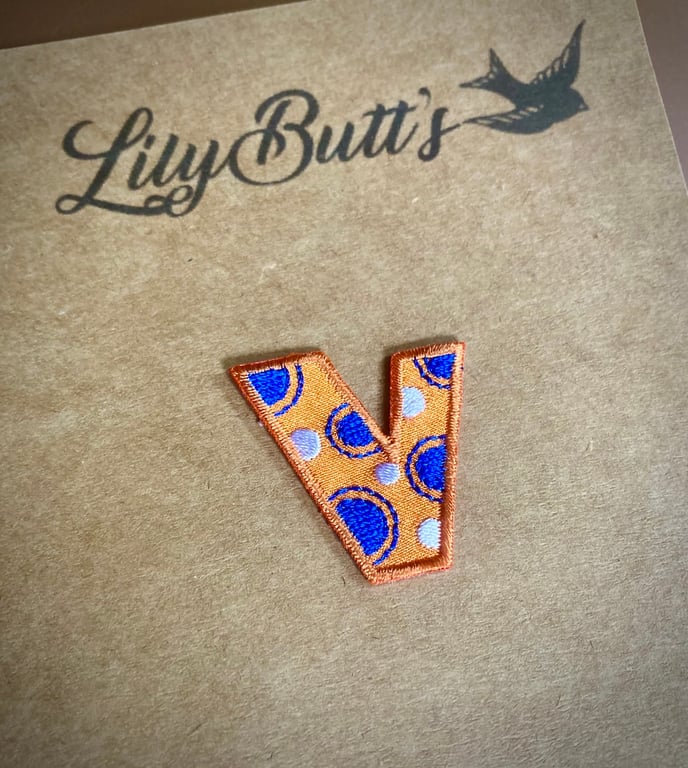Embroidered Iron on Patch - Letter V 3cm x 3cm Orange