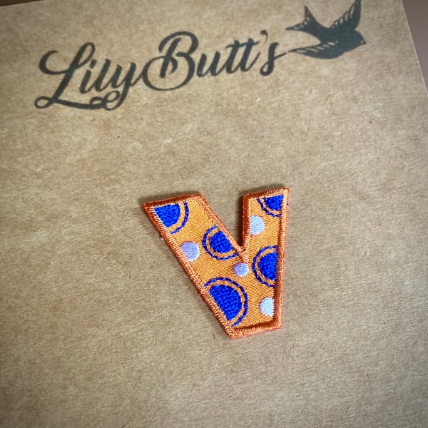 Embroidered Iron on Patch - Letter V 3cm x 3cm Orange