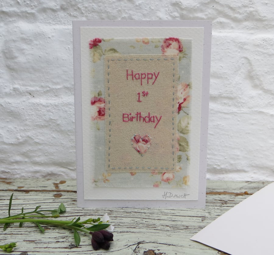 Pretty 1st Birthday card for a special little girl! Hand-stitched keepsake