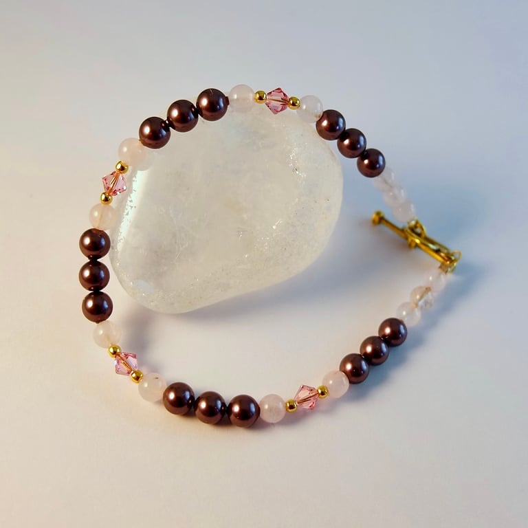 Rose Quartz & Pearl Bracelet - Anniversary, Birthday, Bridesmaid, Handmade Gift.