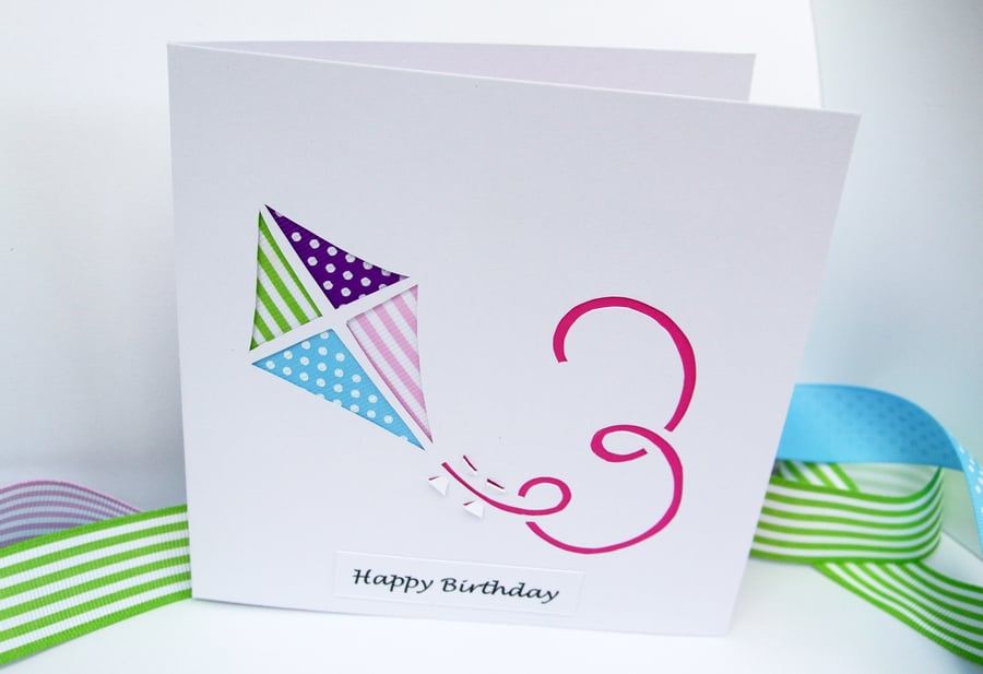 3rd Birthday Card - Paper Cut Kite Birthday Card with Child's Age - Personalised