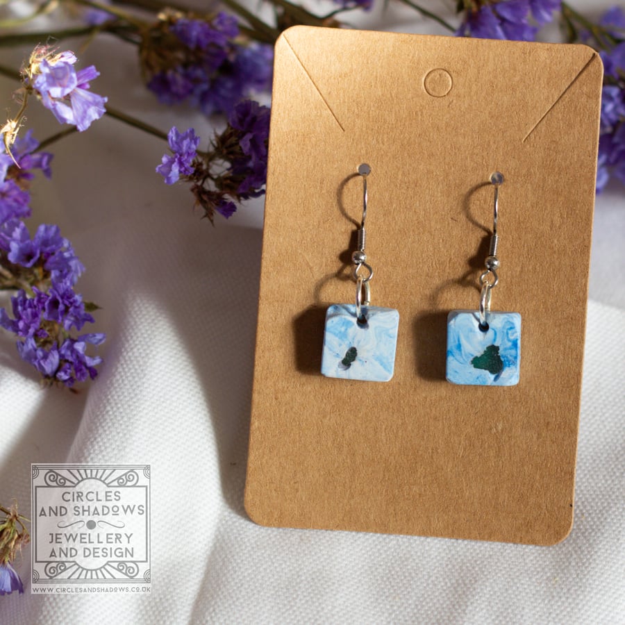 Sea Glass and Eco Resin Blue Marble Effect Earrings Mini Dangle