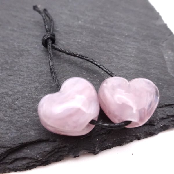 lampwork glass beads, lilac heart pair