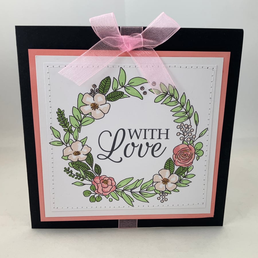 Any occasion greetings card - pink floral wreath