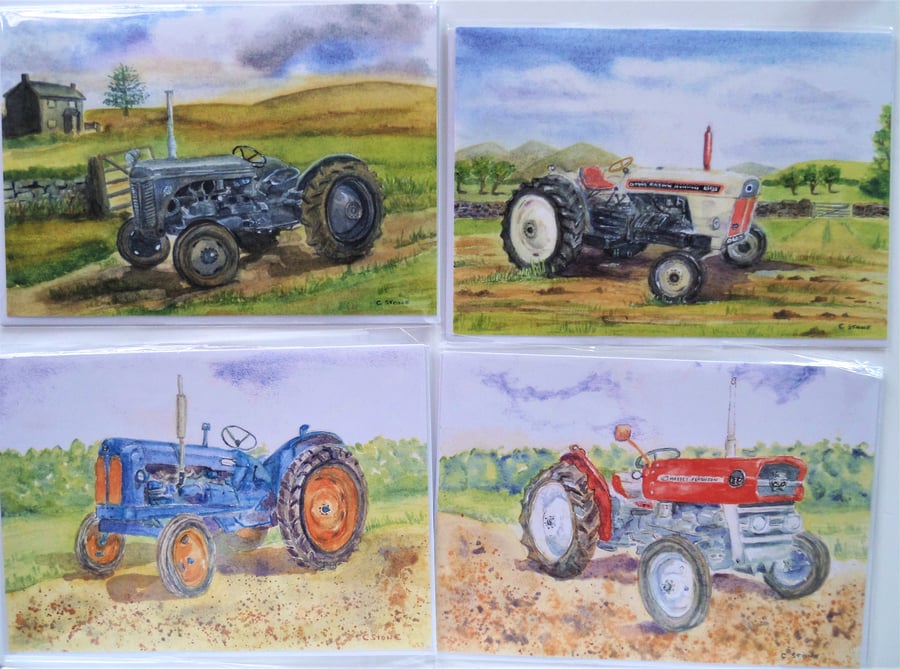 Pack of four tractor greetings cards, blank A5  from original watercolours 