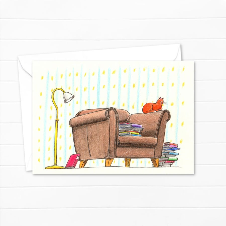 Bookish Cat Greeting Card: Hand Drawn Illustration of a Cosy Ginger Cat (116)