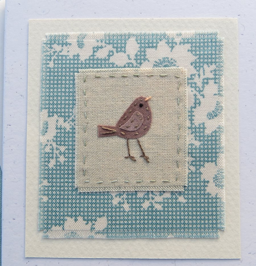 Little Bird, hand-stitched miniature applique on greetings card, a card to keep!