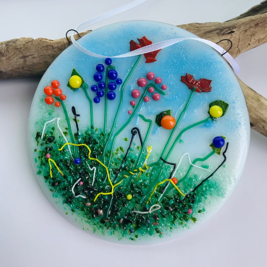 Wildflower fused glass wall hanging, gift for mum, housewarming