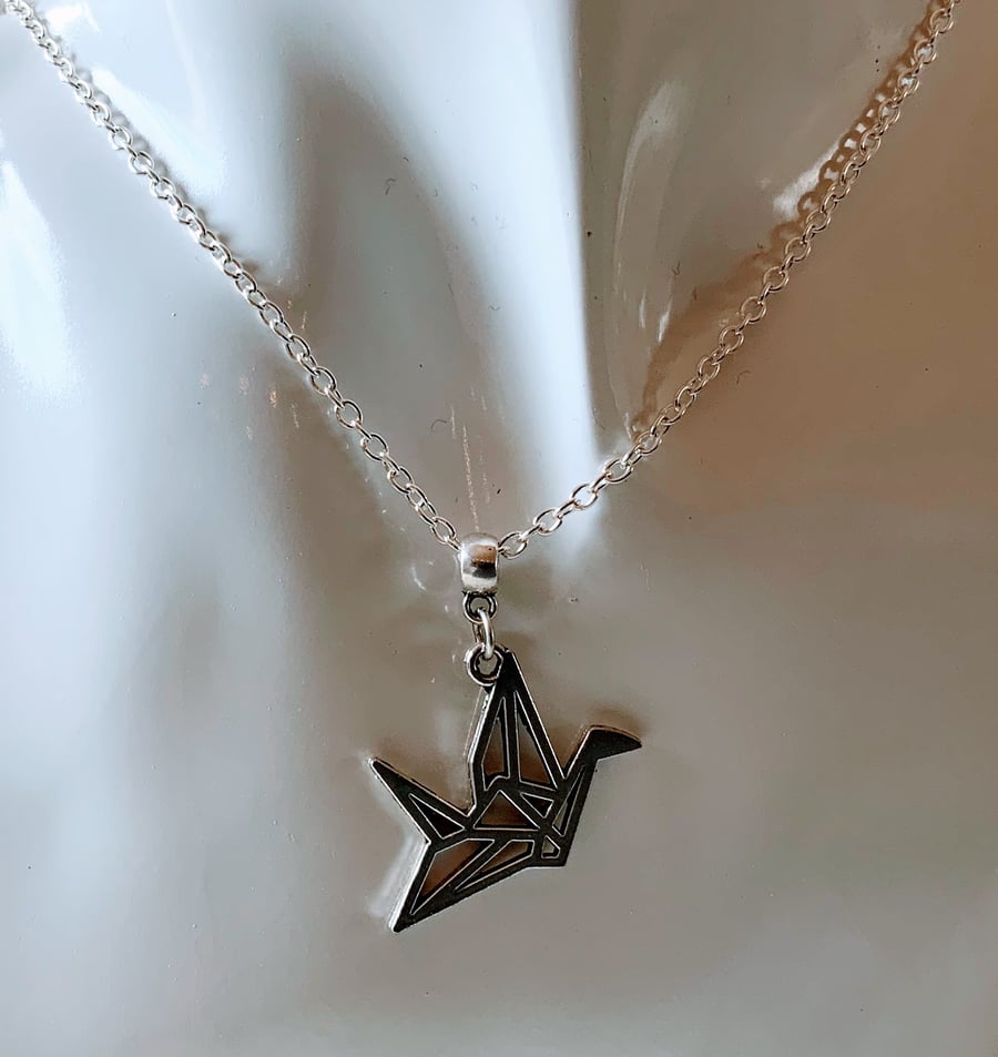 Origami Crane Bird Pendant Necklace.