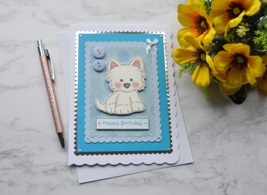 Westie Dog Birthday Card White Westie Puppy Dog Blue Buttons
