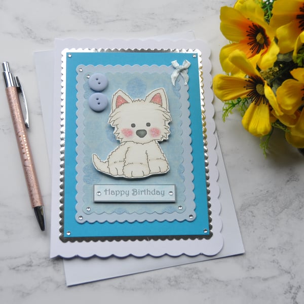 Westie Dog Birthday Card White Westie Puppy Dog Blue Buttons