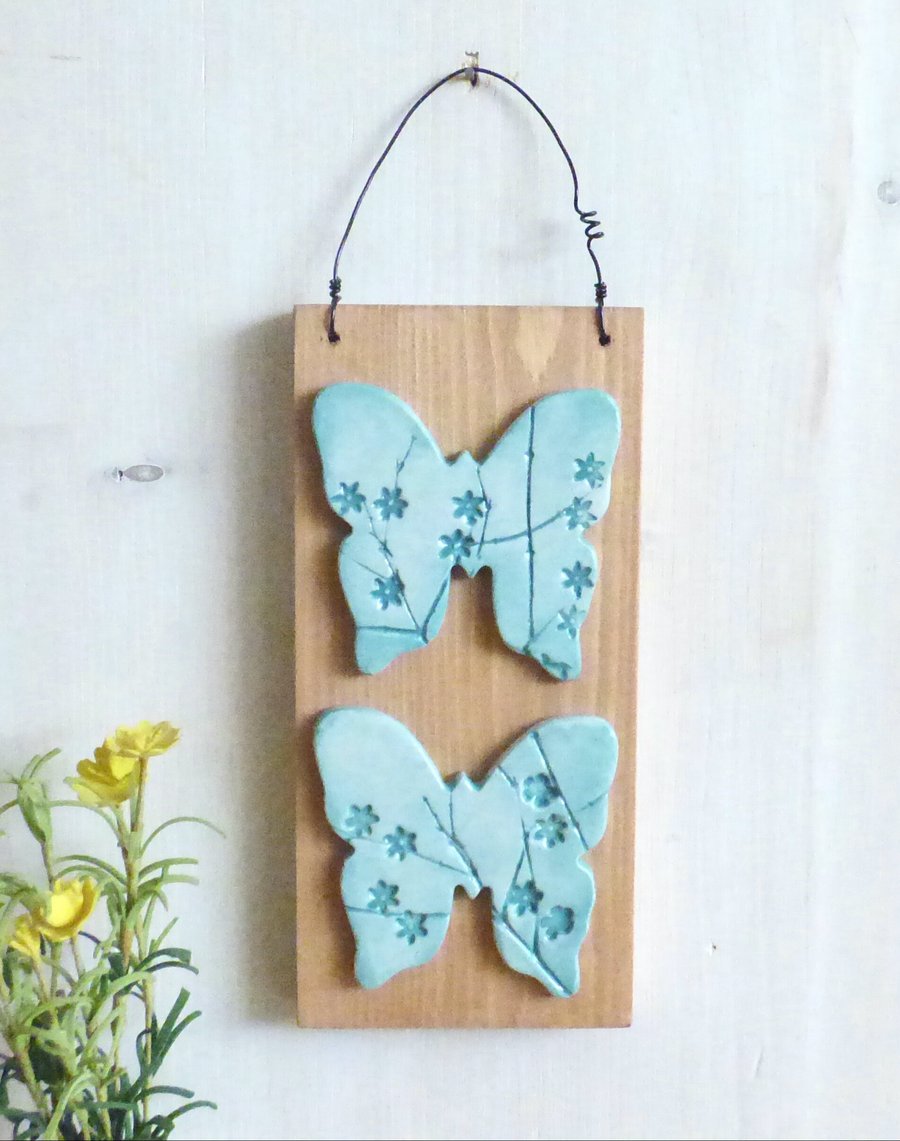 'Butterfly' Flowers And Branches Clay, Hanging Wall Plaque 