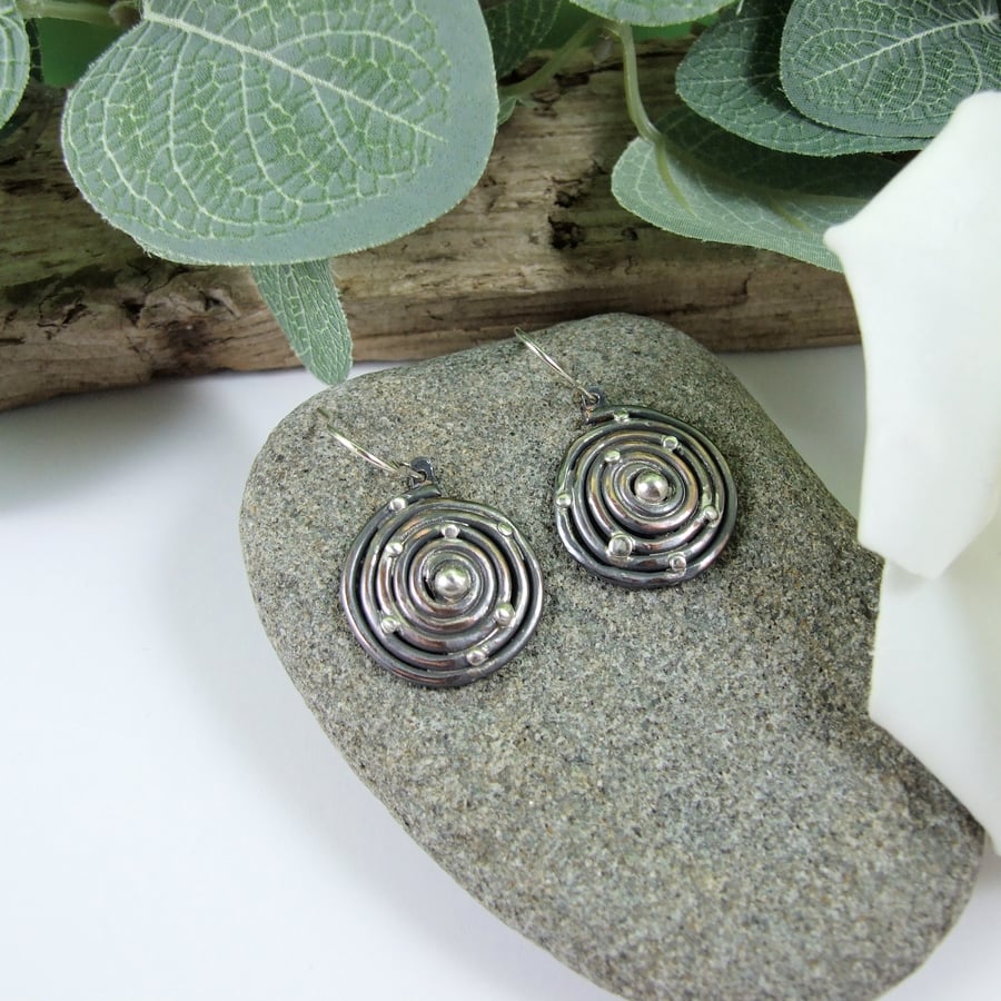 Spiral Galaxy Earrings, Coiled Copper Wire and Sterling Silver Droppers