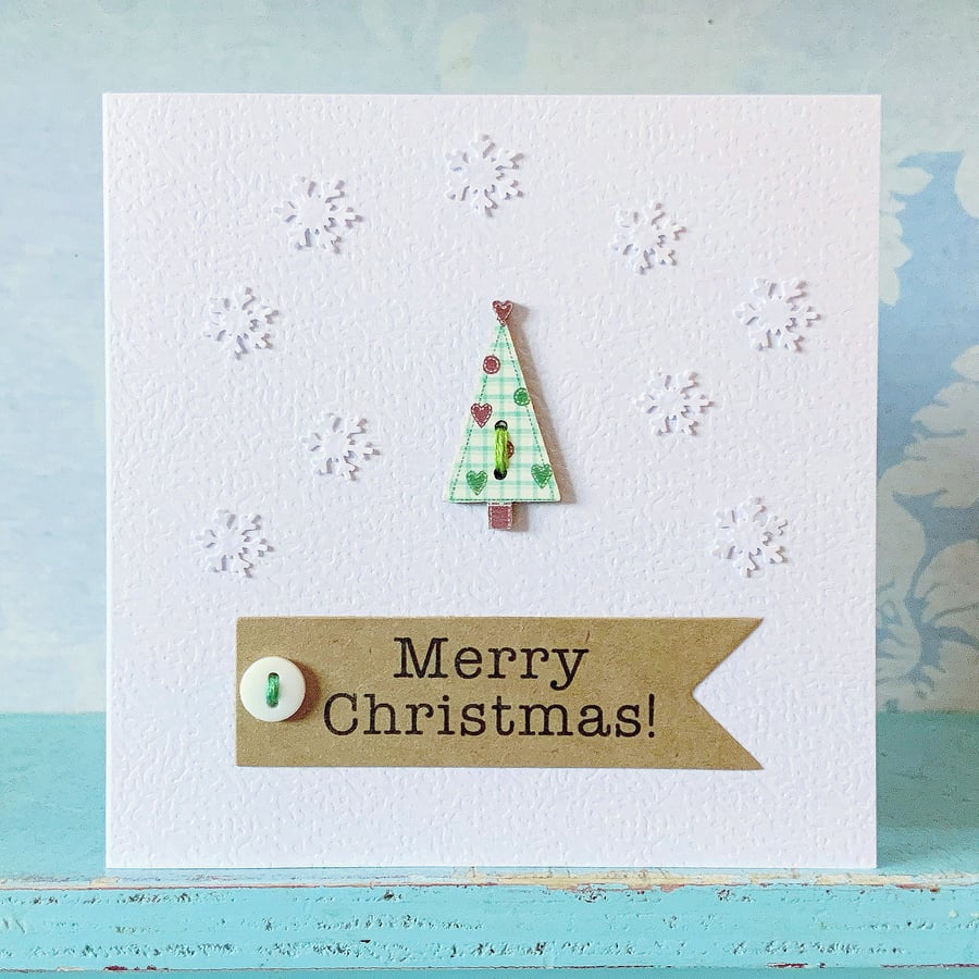 Christmas Tree Card. Button Card. Snowflakes. Festive Card. Xmas Card. 