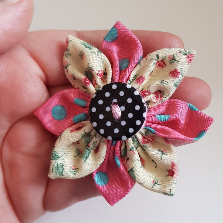Pink and Cream Fabric Flower Brooch - Polka Dot Button Floral Pin