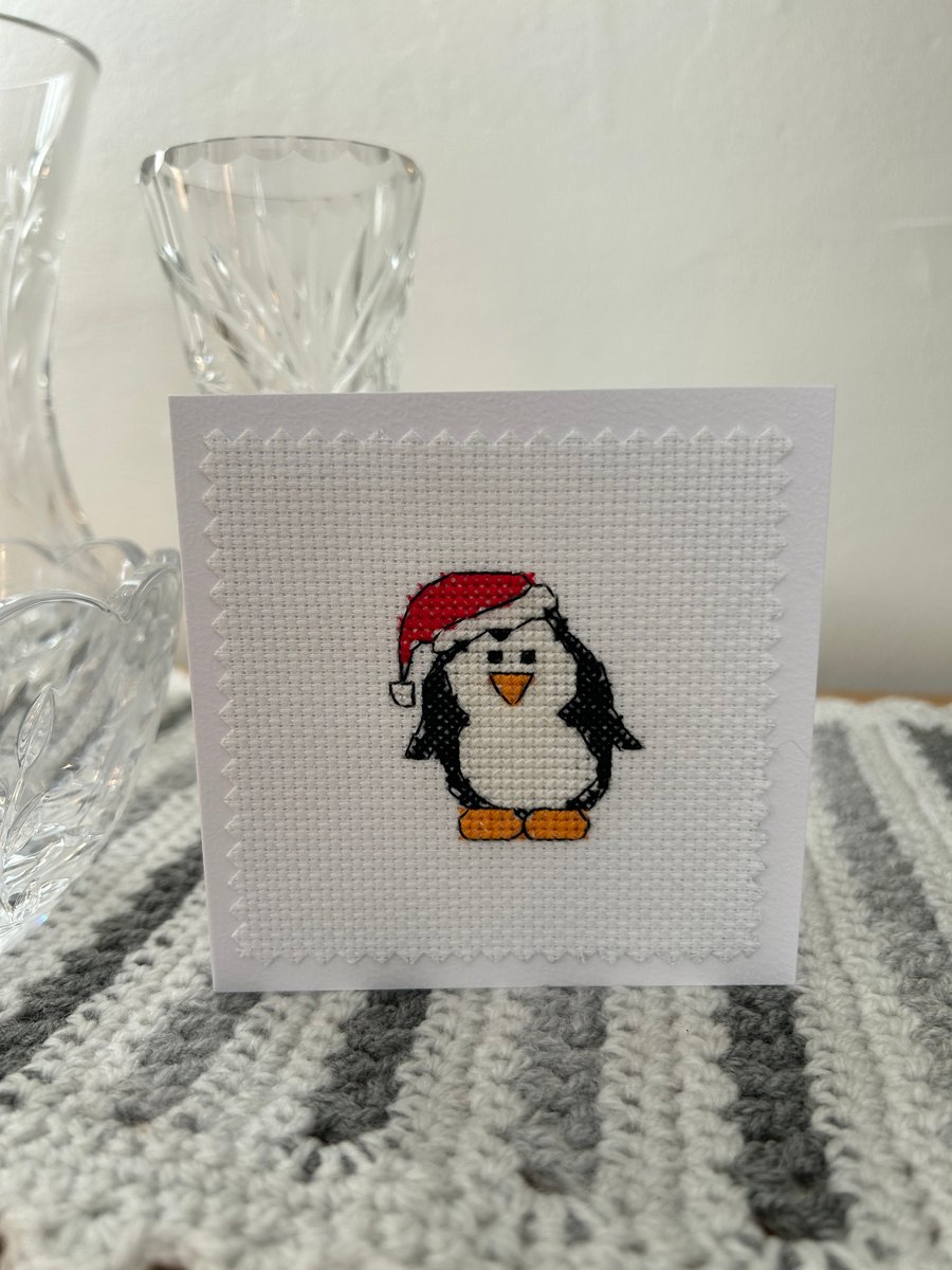 Cross Stitched Christmas Penguin Card Blank Inside 3 inch x 3 inch 