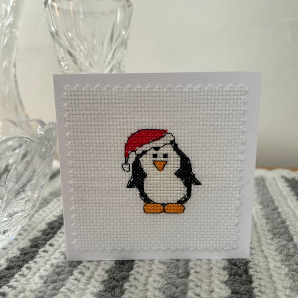Cross Stitched Christmas Penguin Card Blank Inside 3 inch x 3 inch 