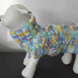 Hand Knitted Small Dog Coat In A Pretty Multi Coloured Aran Yarn ( A33)