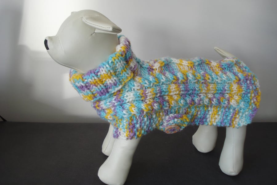 Hand Knitted Small Dog Coat In A Pretty Multi Coloured Aran Yarn ( A33)