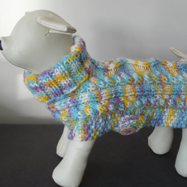 Hand Knitted Small Dog Coat In A Pretty Multi Coloured Aran Yarn ( A33)