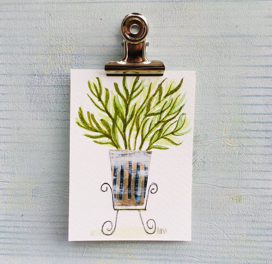 Original miniature watercolour and collage ACEO fern pot plant 