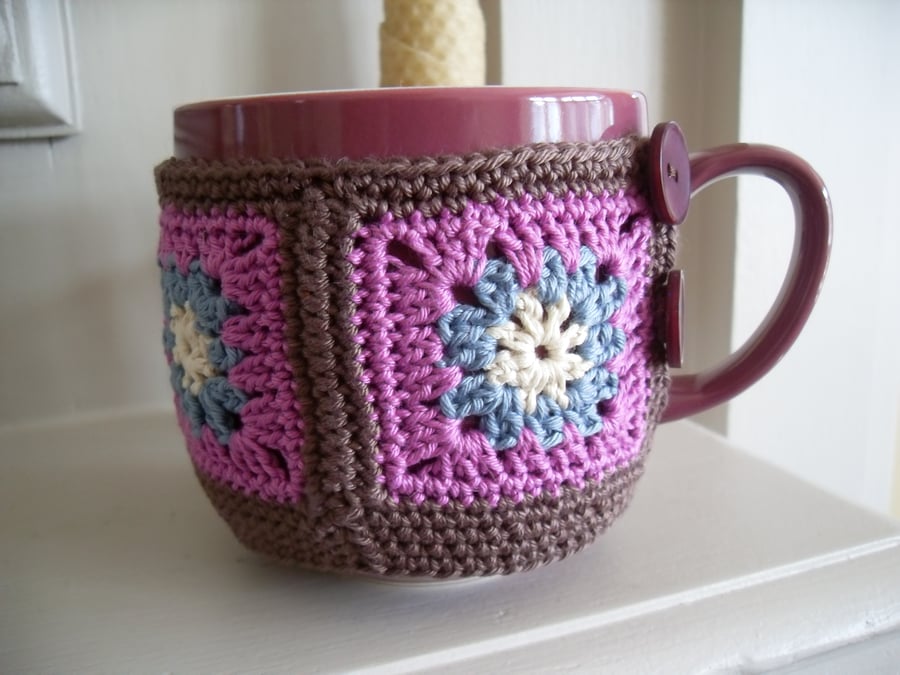 Crochet Mug Cosy and Mug Set- in brown, fuschia pink, powder blue and buttermilk