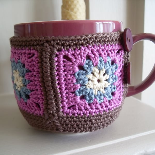 Crochet Mug Cosy and Mug Set- in brown, fuschia pink, powder blue and buttermilk