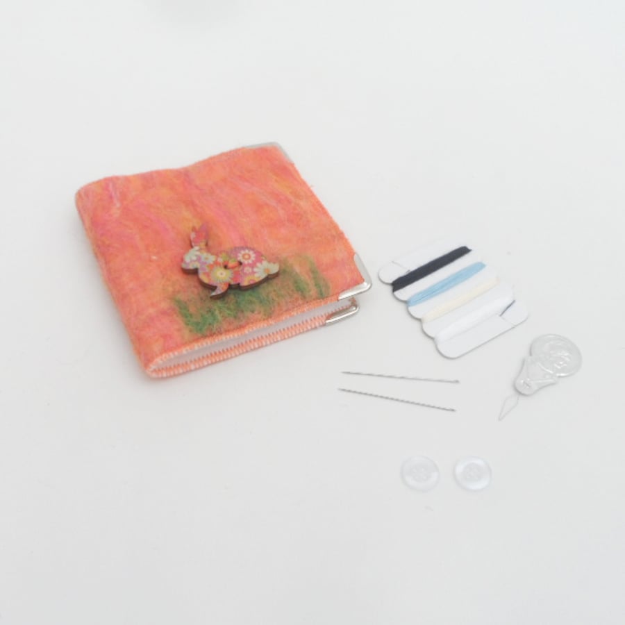 Orange felted needle case, mending kit with rabbit decoration