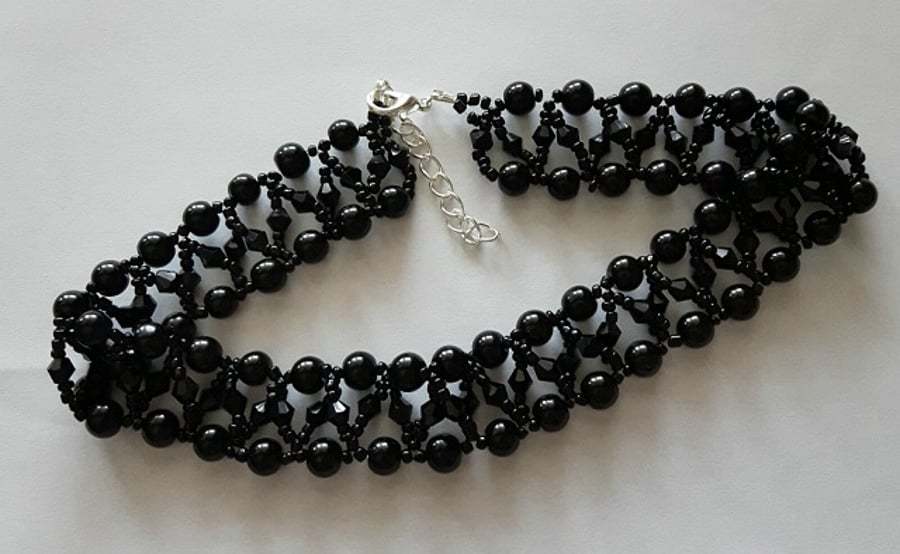 Black Beaded Choker necklace glass bead pearl & Bicone