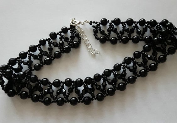 Black Beaded Choker necklace glass bead pearl & Bicone
