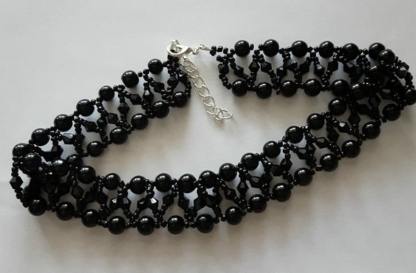 Black Beaded Choker necklace glass bead pearl & Bicone