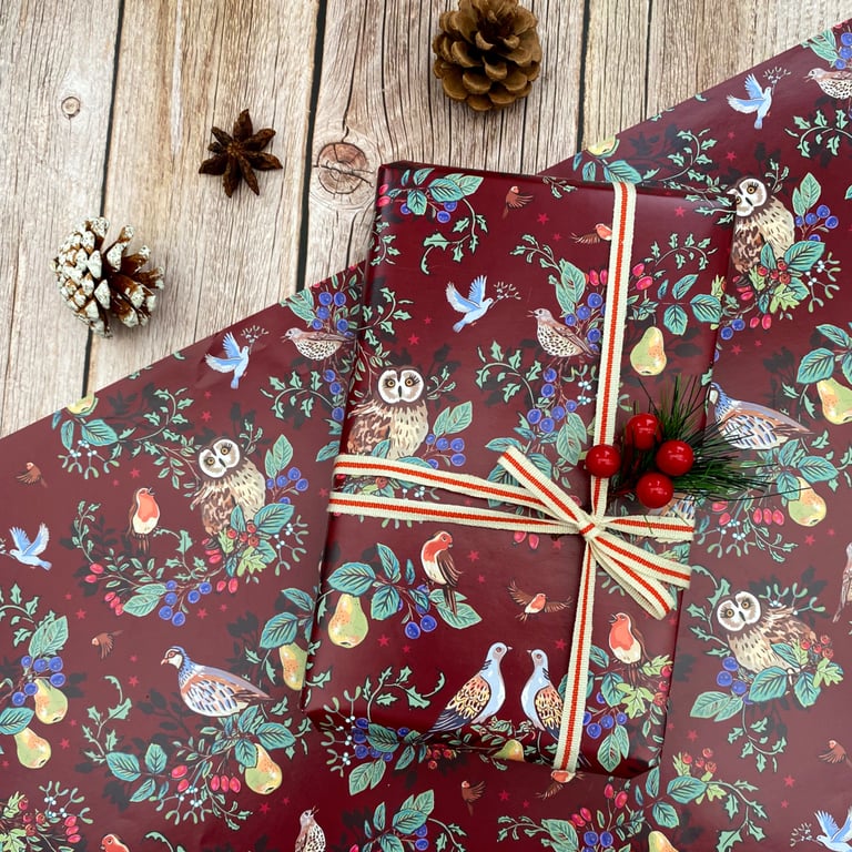 Pack of 2  Christmas Wrapping Paper Season's Tweetings on Burgundy