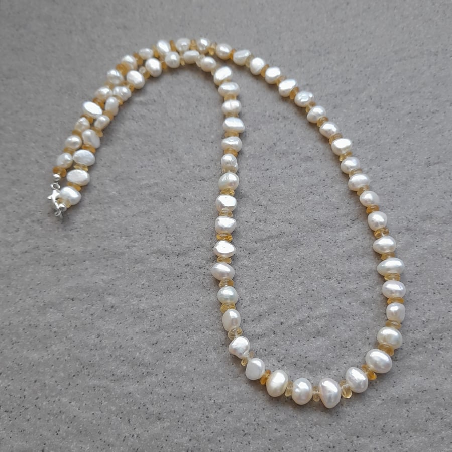 White Freshwater Pearls With Citrine Sterling Silver Necklace