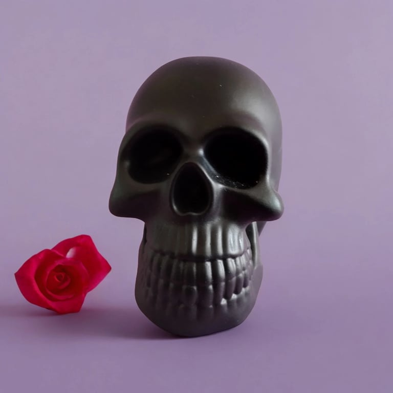 Spray Painted Jesmonite Skull Ornament - Black & Violet Colour Scheme.