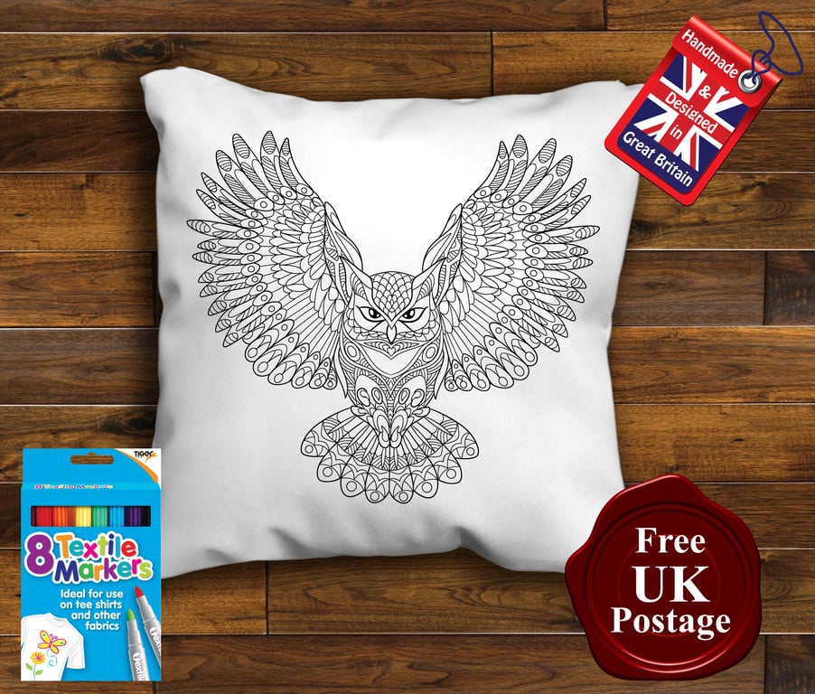 Owl Colouring Cushion Cover, With or Without Fabric Pens Choose Your Size