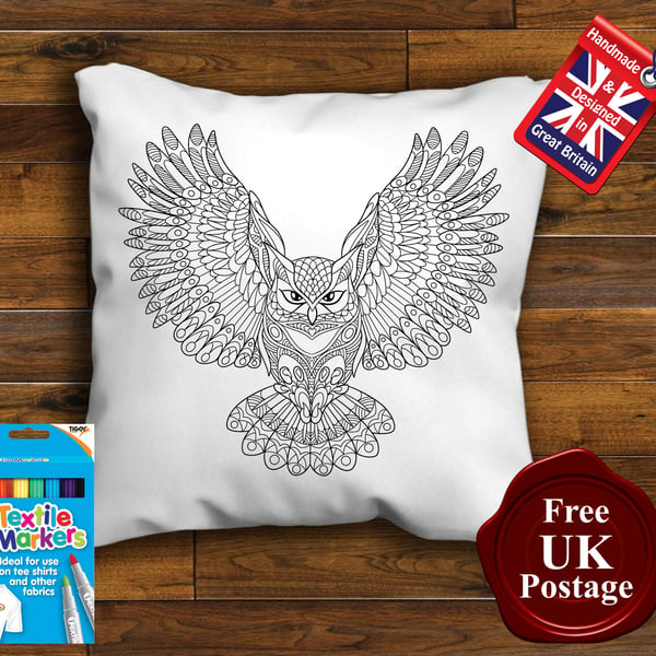 Owl Colouring Cushion Cover, With or Without Fabric Pens Choose Your Size