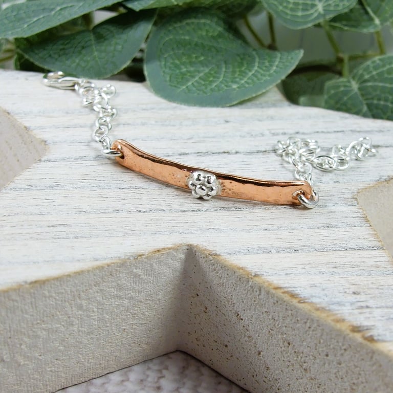 Sterling Silver & Copper Bar Bracelet. With Flower, Adjustable fit up to 21cms