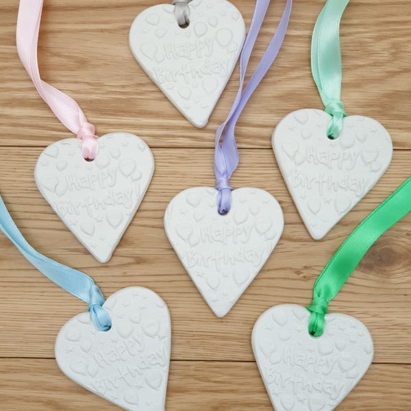 Happy Birthday clay heart gift tags, white heart Birthday keepsakes set of 6