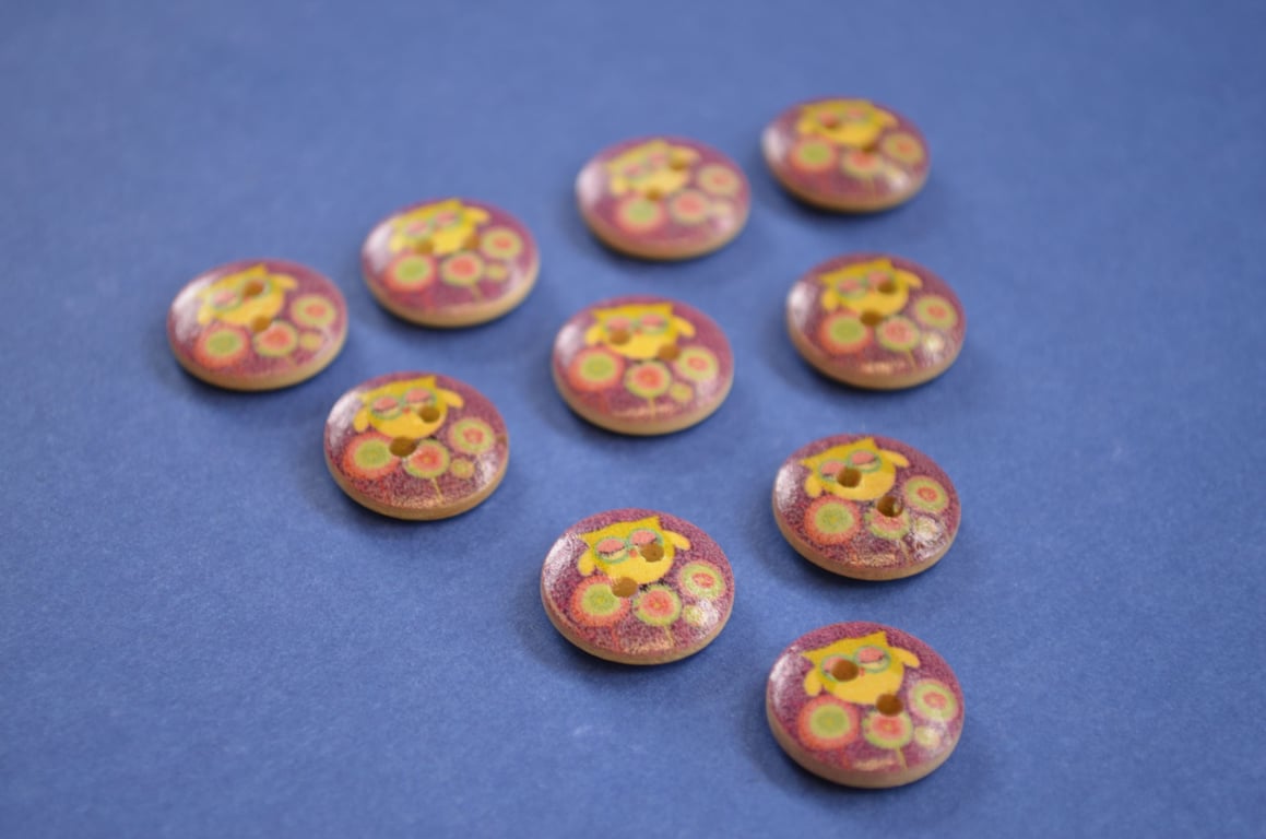 15mm Wooden Owl Buttons Purple Yellow Green Pink 10pk Bird (SOW9)