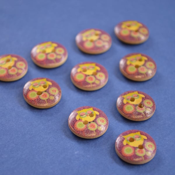 15mm Wooden Owl Buttons Purple Yellow Green Pink 10pk Bird (SOW9)