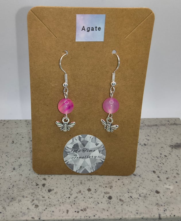 Pink Agate Round Bee Charm Earrings