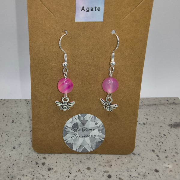 Pink Agate Round Bee Charm Earrings