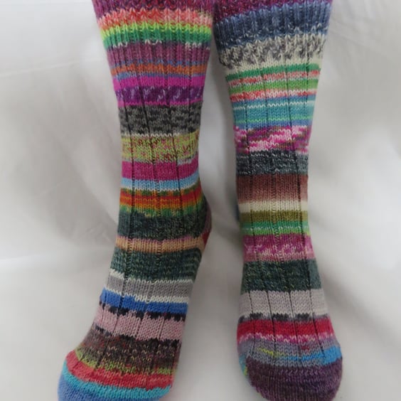 Hand-cranked Frankensox Knitted Ribbed Wool Socks Size 4 to 5