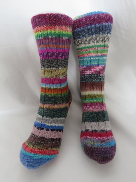 Hand-cranked Frankensox Knitted Ribbed Wool Socks Size 4 to 5