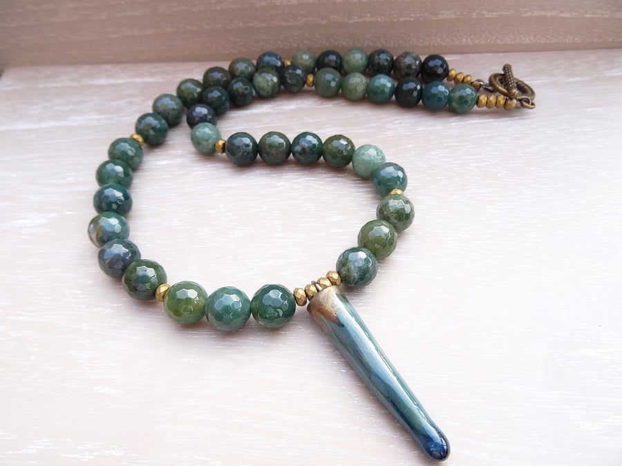 Agate Necklace, Moss Agate Necklace, Hematite Necklace, Green Necklace, 