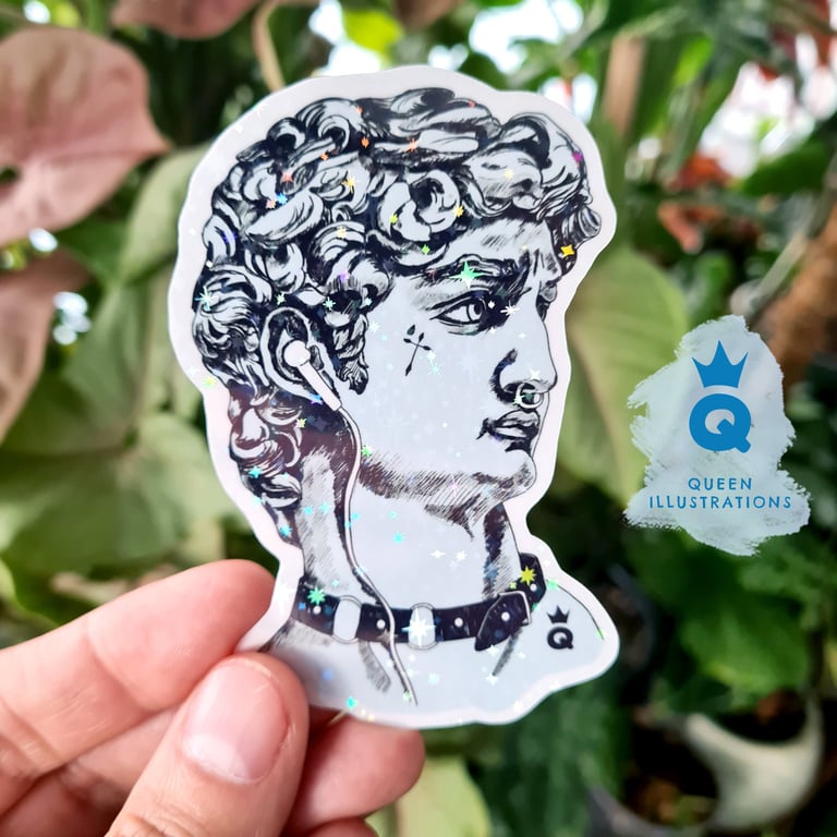Michelangelo`s David holographic waterproof vinyl sticker, 8cm tall.