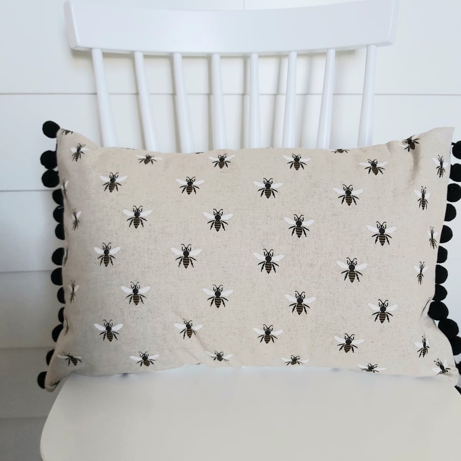 Bees  Cushion Cover with Black  Pom Poms